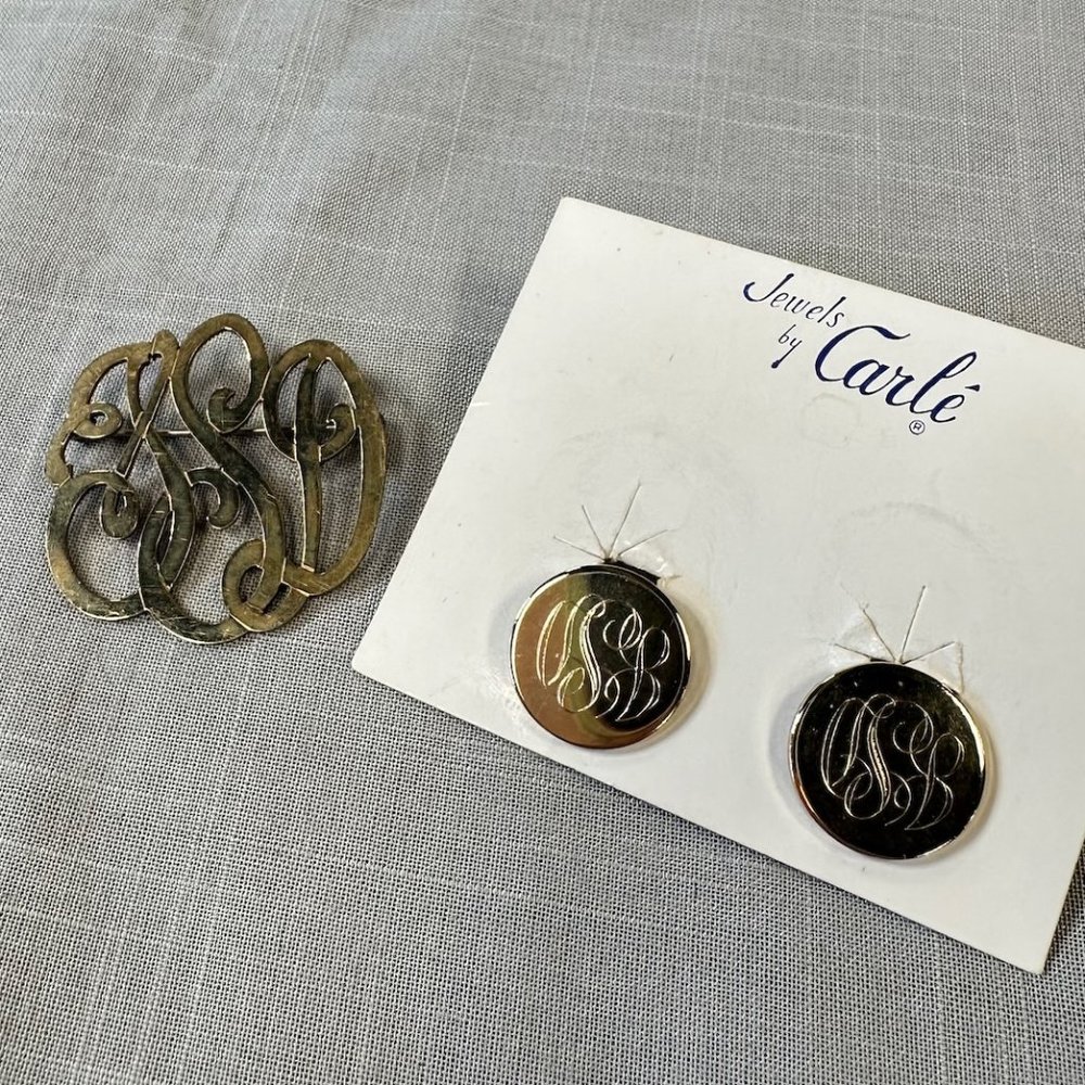 Vintage Monogrammed Jewelry "JSD" pin, clip ons, and scarf clip